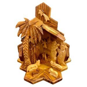Vintage Olive Wood Rustic Nativity Scene Bethlehem Handicrafts